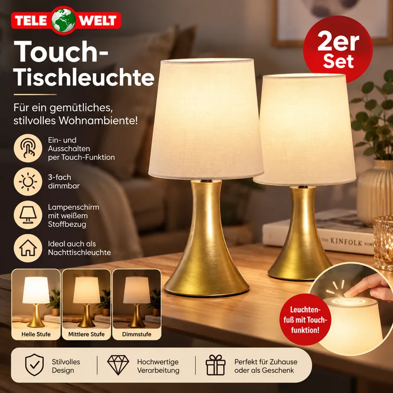 Tele Welt Touch-Tischleuchten, 2er-Set in Gold mit weißem Stoffschirm, Bild 1